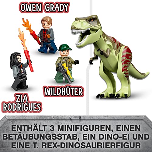 LEGO 76944 Jurassic World T. Rex Ausbruch, Dinosaurier Spielzeug ab 4 Jahre, Set mit Figur, Hubschrauber, Flughafen und Spielzeugauto