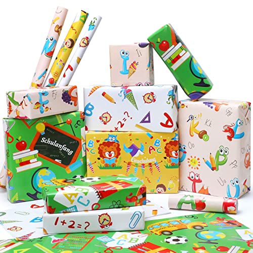 DPKOW Geschenkpapier Einschulung,Einschulung Geschenk Geschenkpapier, Geschenk Schuleinführung Schulbeginn 50x70 cm für Kinder Mädchen Jungen,8 Große