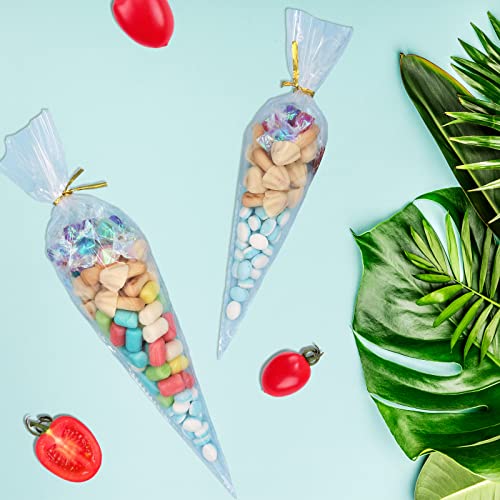 Flimflim Candy Bar Tüten Reißfest mit Kabelbinder, Süßigkeiten Tüten Candybar Cone Cellophantüten Bonbons, 13X25cm Durchsichtig Geschenktüten für Hochzeit Kindergeburtstag Party 100 Stk