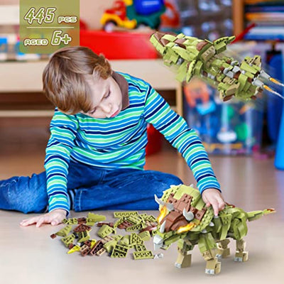 HOGOKIDS Dinosaurier Spielzeug Bausatz für Kinder - 445 Stücke Jurassic Dinosaurier Bauspielzeug, 3 In 1 Triceratops Roboter Raumschiff, Dino Bausätze Geschenk für Jungen ab 6 7 8 9 10 11 12 Jahren