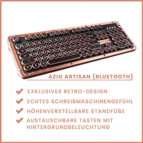 Azio Classic Retro-Tastatur Artisan, mechanische Schreibmaschinen-Tastatur, Steampunk-Tastatur mit Bluetooth, kabellos, beleuchtete Tasten, Vintage Look