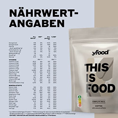 yfood Pulver Coffee, Leckere Trinkmahlzeit für unterwegs, THIS IS FOOD Pulver, 25g Protein, 17 Mahlzeiten, 26 Vitamine und Mineralstoffe, 1,5kg Beutel, Geschmack Kaffee