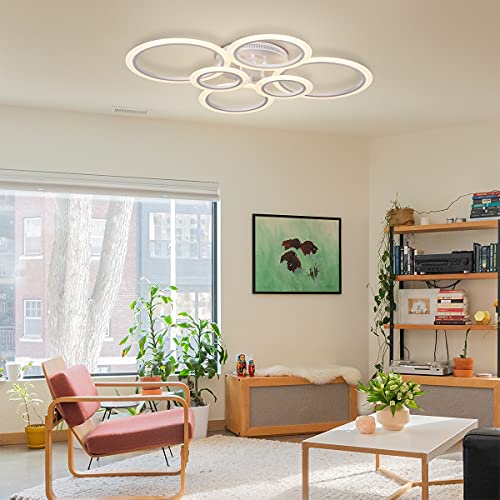 RUYI Modern LED Deckenleuchte Dimmbar mit Fernbedienung 6-Ring Deckenleuchte 72W 6400LM, Deckenlampe für Wohnzimmer, Schlafzimmer, Küche, Flur, Balkon, Esszimmer, Weiß, 2700-7000K…