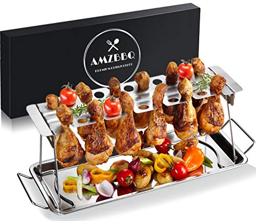 AMZBBQ® Premium Hähnchenschenkelhalter für 12 Keulen - Robuster Hähnchenständer aus 100% Edelstahl - Spülmaschinengeeignetes Grillzubehör für Männer Geschenk