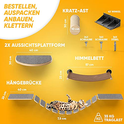 Nelix Katzenkletterwand | Kratzbaum 2.0 für Katzen | Kletterwand aus Echtholz | Katzentreppe Katzenmöbel Hängematte (5-Teilig)