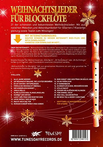 Weihnachtslieder für Blockflöte - mit Liedtexten & Akkordsymbolen für Gesang/Gitarre/Klavier - inkl. MP3/MIDI Download