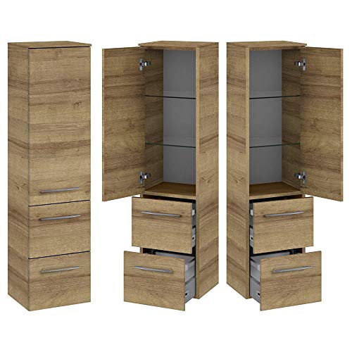 Lomadox Badmöbel Komplett Set, Eiche Riviera, 120cm Spiegelschrank mit LED Beleuchtung, 121cm Waschtisch-Unterschrank mit Waschbecken, Hochschrank, Highboard, Schubladen & Türen mit Softclose