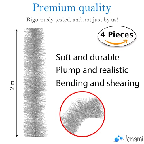 4X Weihnachten Lametta Girlande Weihnachtsbaum Ornamente Metallisch Glänzend Hängende Dekoration, Tannengirlande für Weihnachtsdekoration Weihnachtsdeko für Christbaum - 200 cm (Silber)