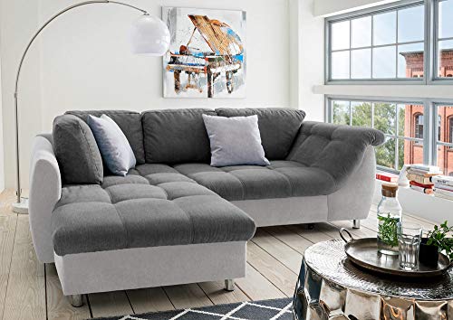 lifestyle4living Ecksofa mit Schlaffunktion und Bettkasten in Anthrazit mit großen Rücken-Kissen, Microfaser-Stoff | Gemütliches L-Sofa mit Longchair im modernen Look