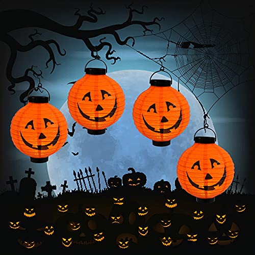 Qedertek Halloween Deko Garten, Kürbis Lampion mit batterie, 20cm Orange Papierlaterne mit Kürbismuster, Halloween Papier Lampion für kinder, Halloween Lampion Mit Haken deko für Traufe (4 Pack)