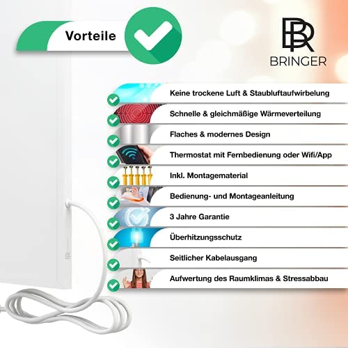 Bringer Infrarotheizung - Infrarot Elektroheizung mit Überhitzungsschutz - CarbonCrystal Heizelement - neuste Technologie (300 Watt, Heizplatte und Thermostat mit Fernbedienung (BRTF))