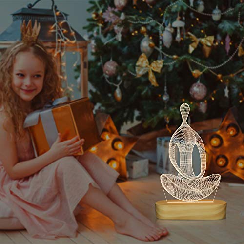 Yoga Lampe LED 3D Kunst Nachtlicht für Mädchen Frauen Meditation Liebhaber Geburtstagsgeschenke, USB Power Warme Farbe Holz Basis Tischlampen