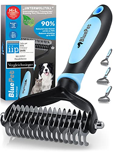 Bluepet® UnterwollToll Hundebürste & Katzenbürste für langhaar | Unterwollkamm entfernt Unterwolle & Verfilzungen | Ausdünnen & Deckhaarschutz | Fellbürste Größe M-L blau