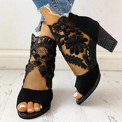 Minetom Sandalen Damen Pumps Schuhe Lace Hohl Blockabsatz High Heels Open Toe Sandalen Abend Party Braut Sommerschuhe B Schwarz 39 EU