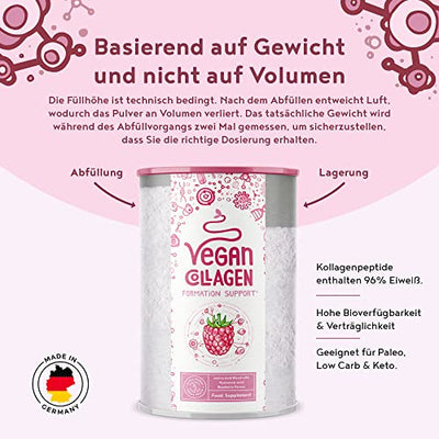 Vegan Collagen Formation Support mit Hyaluronsäure, Vitamin C aus Camu-Camu und Silicea - Pflanzliche Alternative zu konventionellem Kollagen - Himbeere - 400g Collagen Pulver