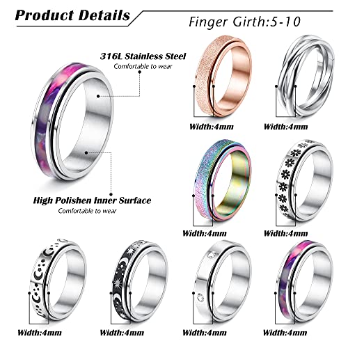 Adramata 8Pcs Fidget Ring für Damen Herren Edelstahl Ringe für Anti Stress Zapple Spinner Band Ringe Set Fidget Anxiety Ring Spinning Angst Ringe für Anti Stress