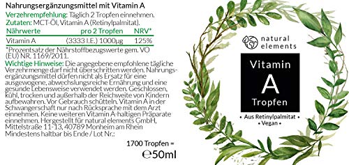 Vitamin A Tropfen hochdosiert - 50ml (1700 Tropfen) - Echtes Vitamin A Ester (Retinylpalmitat) in MCT-Öl - Ohne Zusätze, laborgeprüft, vegan