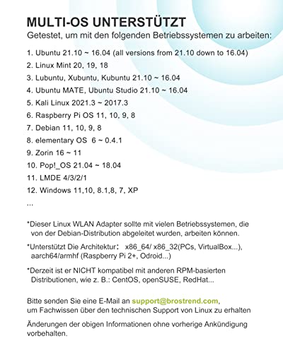 BrosTrend 1200 MBit/s USB WLAN Stick Linux für Ubuntu, Mint, Kali, Debian, Lubuntu, Xubuntu, Mate, Zorin, PureOS, Raspberry Pi 2+, Windows 11, 5GHz+ 2,4GHz, 2 X 5 dBi Wi-Fi-Antennen, USB3.0