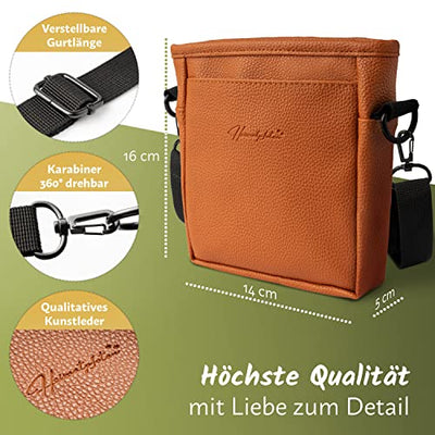 Heimatpfoten® Futterbeutel für Hunde aus Leder-Imitat - Gassi-Tasche mit Einhand Magnet-Verschluss - Hunde-Leckerli-Beutel - Zwei Kammern - Futtertasche Training Welpen-Erziehung Braun