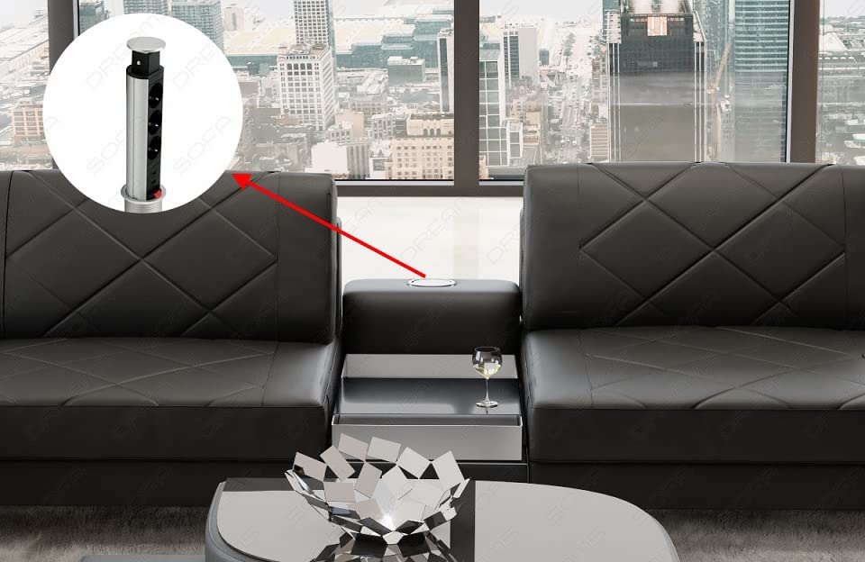 Wohnlandschaft Bari in Leder mit USB-Anschluss Steckdosen Sofa mit Kopfstützen Ledersofa Designersofa U Form Couch (Ottomane Links (auf Sofa blickend), Weiss-Schwarz)