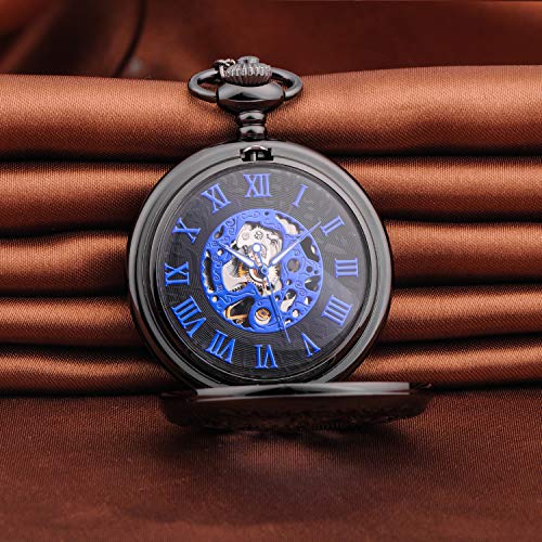 Unendlich U Herren Römische Ziffern Skala Taschenuhr mit Halskette Kette Analog Handaufzug Unisex Retro Steampunk Mechanische Kettenuhr