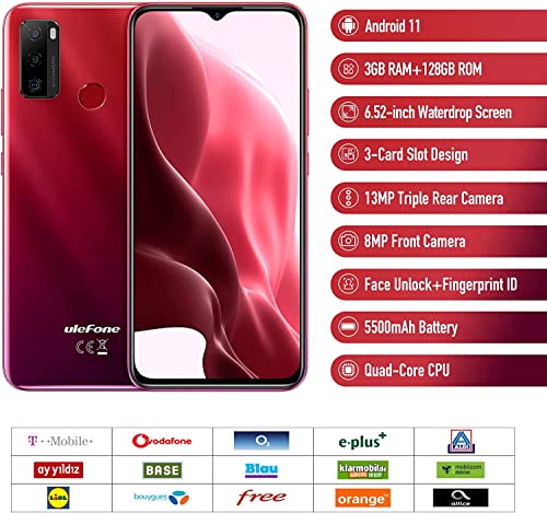 Ulefone Note 10P Handys ohne Vertrag 128GB ROM 2022 Android 11 OS 6,52 Zoll HD+ Smartphone SD-128GB 5500mAh Akku, 13MP Dreifache Rückfahrkamera 4G OTG Dual SIM Handy-(Rot)