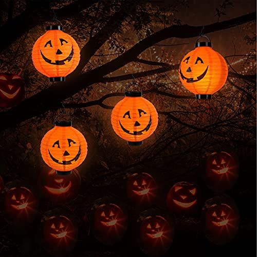 Qedertek Halloween Deko Garten, Kürbis Lampion mit batterie, 20cm Orange Papierlaterne mit Kürbismuster, Halloween Papier Lampion für kinder, Halloween Lampion Mit Haken deko für Traufe (4 Pack)