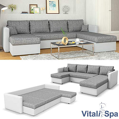 VitaliSpa Wohnlandschaft King Size 290 x 140 cm Weiß Grau - Sofa mit Schlaffunktion Schlafsofa Couch Bettfunktion Taschenfederkern Polsterecke