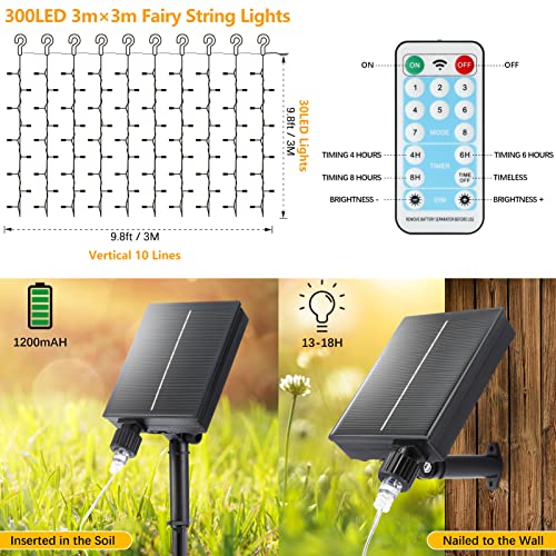 Solar Lichtervorhang Aussen, RJEDL 3x3m 300 LED Lichterkette mit 8 Modi Fernbedienung IP65 Wasserdicht Wasserfall Solar Außen Lichterkette für Weihnachten, Partydekoration, Innenbeleuchtung, Kaltweiß