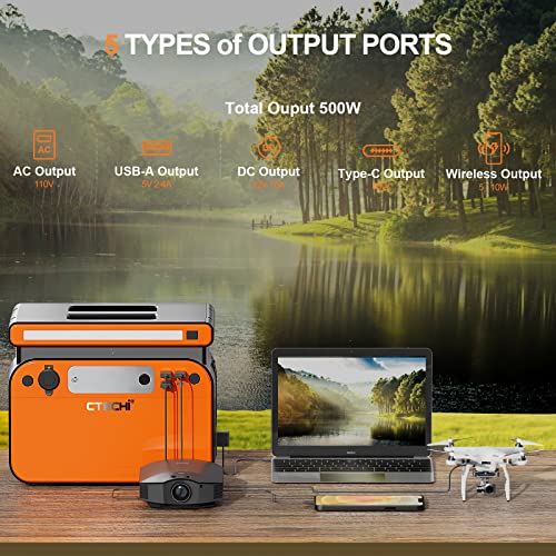 CTECHi Tragbare Powerstation 518Wh/500W, Solar Generator mit LiFe PO4 Batterie, Mobiler Stromspeicher 230V Universal Steckdose AC/DC/USB/USB-C für Camping Garten, Wohnmobil, Notstromaggregat-Orange