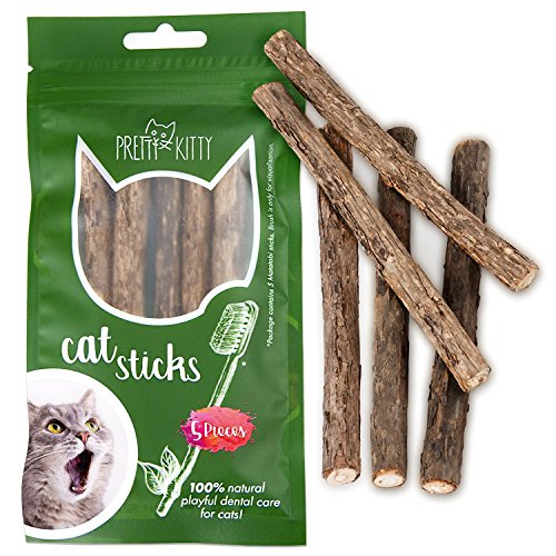 PRETTY KITTY Katzen Zahnpflege Sticks: 5X Matatabi Stick Katze aus Holz als Katzenspielzeug Natur gegen Mundgeruch – Dental Sticks Katze – Katzen Kauspielzeug für praktische Dental Care bei Katzen