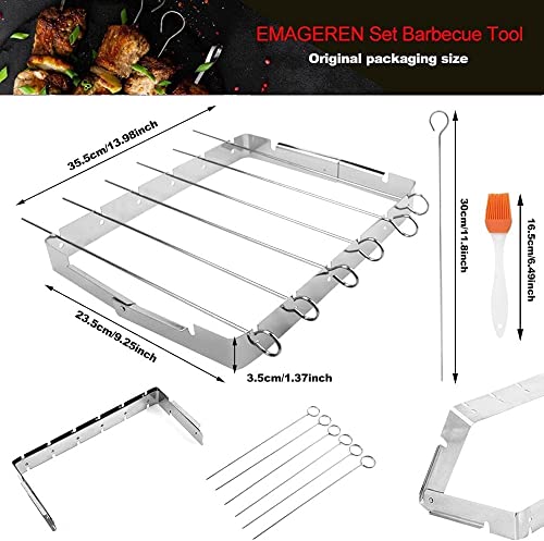 EMAGEREN Grillspieße edelstahl BBQ Schaschlikspieße Edelstahl Set Grillspieß Aufsatz Grill-Rahmen Schaschlik Fleischspieße BBQ Grill-Zubehör mit 6 Spießen, 2 Silikonbürsten für Schaschlikgrill