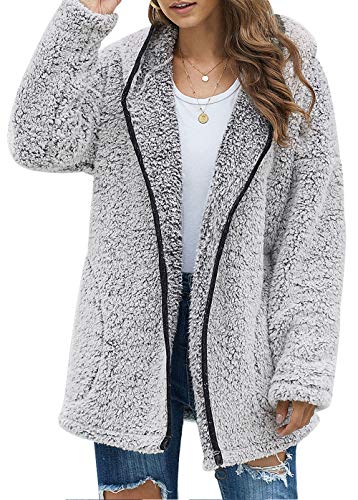 Les umes Mantel mit Kapuze aus Fleece für Damen, mit Reißverschluss, weiche Kappen, Cardigan, Winterjacke, flauschiger Mantel mit Tasche, A3-Grau, Schwarz, 38