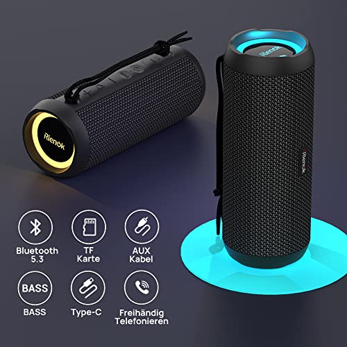 RIENOK Bluetooth Lautsprecher mit Licht Bluetooth 5.3 Musikbox Bass Kabellos Box mit IPX7 wasserdicht 30W Stereo Sound Tragbar