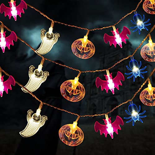 WUJUN Halloween-Lichterkette 2m 20LEDs, Kürbisse, Geister, Fledermäuse, Spinne, batteriebetrieben, Lichterkette für Fenster, Veranda, Treppen, Bar, Halloween, Dekorationen