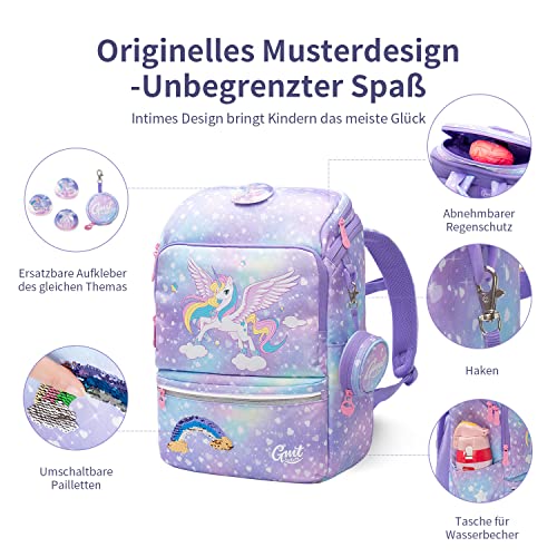 GMT for Kids Schulrucksack Set 5-teilig ergonomische leichte Schultasche für Grundschule Kinder mit Reflektoren, höhenverstellbare Hüftgurt Sicherheit, 22 L(Einhorn)