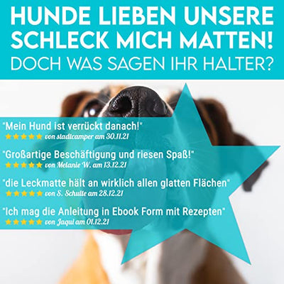 HUND IST KÖNIG® Leckmatte Hund mit patentierter Struktur + Saugnäpfe, Schleckmatte Hund 22x22cm [2 Stück] inkl. Spatel + Rezepte-Ebook, Hunde Leckmatte lebensmittelecht & spülmaschinenfest