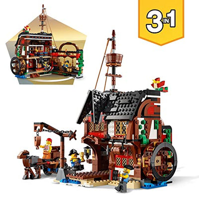 LEGO 31109 Creator 3-in-1 Piratenschiff, Taverne oder Totenkopfinsel Spielzeug Set, Piratentaverne, Pirateninsel