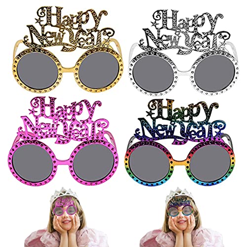 4 Paar Frohes Neues Jahr Brillen, 2023 Happy New Year Partybrillen, Silvester Deko, Glitzer Foto Requisiten Brille, Silvester Dekorationen Party Brille Neues Jahr für Silvester Party Dekoration