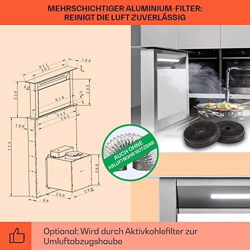 Klarstein Downdraft-Dunstabzugshaube, Versenkbare Abzugshaube, Extrem Leise Dunstabzugshauben mit Filter, Dunstabzugshaube 60cm, Umluft/Abluft Dunsthaube mit 10 Stufen, Dunstabzug 576 m³/h Luftstrom