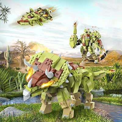 HOGOKIDS Dinosaurier Spielzeug Bausatz für Kinder - 445 Stücke Jurassic Dinosaurier Bauspielzeug, 3 In 1 Triceratops Roboter Raumschiff, Dino Bausätze Geschenk für Jungen ab 6 7 8 9 10 11 12 Jahren