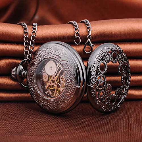 Unendlich U Herren Römische Ziffern Skala Taschenuhr mit Halskette Kette Analog Handaufzug Unisex Retro Steampunk Mechanische Kettenuhr