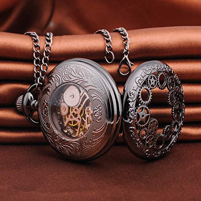 Unendlich U Herren Römische Ziffern Skala Taschenuhr mit Halskette Kette Analog Handaufzug Unisex Retro Steampunk Mechanische Kettenuhr