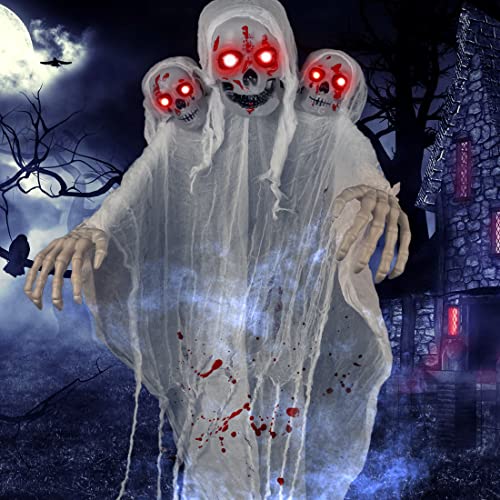 Halloween Hängende Geister Deko - 180 x 110 cm, Grusel Groß DREI Köpfe Skelett Türdeko Außen, Horror Glitzer Haustür Totenkopf Figuren für Garden | Spukhaus | Mottoparty, mit 2 x Haken Selbstklebend