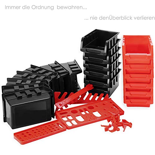 MASKO® Wandregal + Stapelboxen + Werkzeughalter | 45 tlg Box | Erweiterbar | Werkstattregal Lagerregal Steckregal Set Box | Sichtlagerkästen | Kleinteilemagazin | Sortimentskasten | Werkstatt |