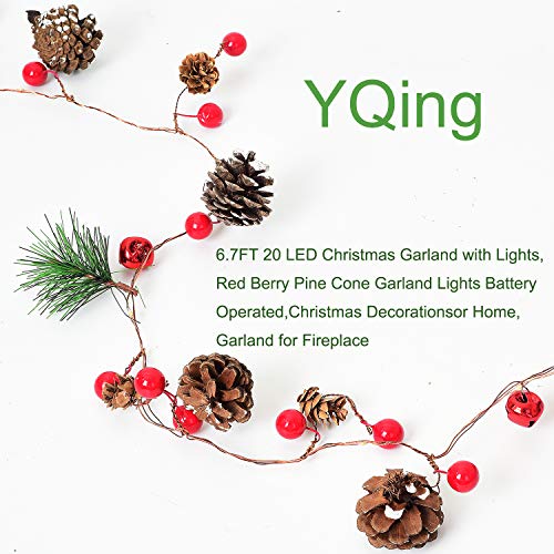 YQing 204cm Weihnachtskiefer Girlande, Weihnachtsgirlande mit LED,Rote Beeren, Kiefernzapfen, Beerengirlande Deko für Kamin-Tür-Winter-Innendekoration im Freien