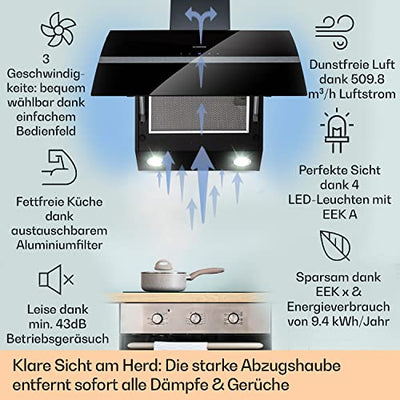 Klarstein Dunstabzugshaube Umluft/Abluft, Leise Abzugshaube, Edelstahl Wandhaube, Dunstabzugshaube mit Filter, Dunstabzugshaube 60cm, Umlufthaube mit LED-Licht, Dunstabzug Kopffrei 509 m³/h Luftstrom