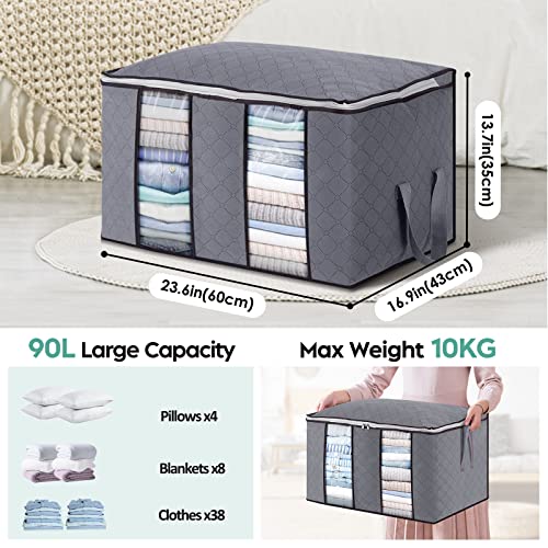 3 Stück 90L Groß Aufbewahrungstasche, Faltbare Unterbett Kleideraufbewahrung Schrank Organizer Set, für Kleidung, Decken, Steppdecken, Kissen -Grau, 60x43x35cm