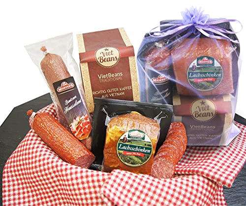 Schlemmerbox Wurstgeschenk & Kaffee Set geröstete Kaffeebohnen gemahlen | Salami Schinken geräuchert auf Buchenholz | Delikatessen Geschenkset für Männer und Frauen mit gemahlener Kaffee