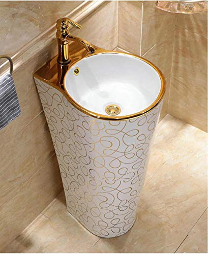 YYZD® Keramik Waschbecken Mosaik Gold stilvolle runde Sockel Waschbecken Keramik Waschbecken mit Ständer Sockel Waschbecken mit Überlauf